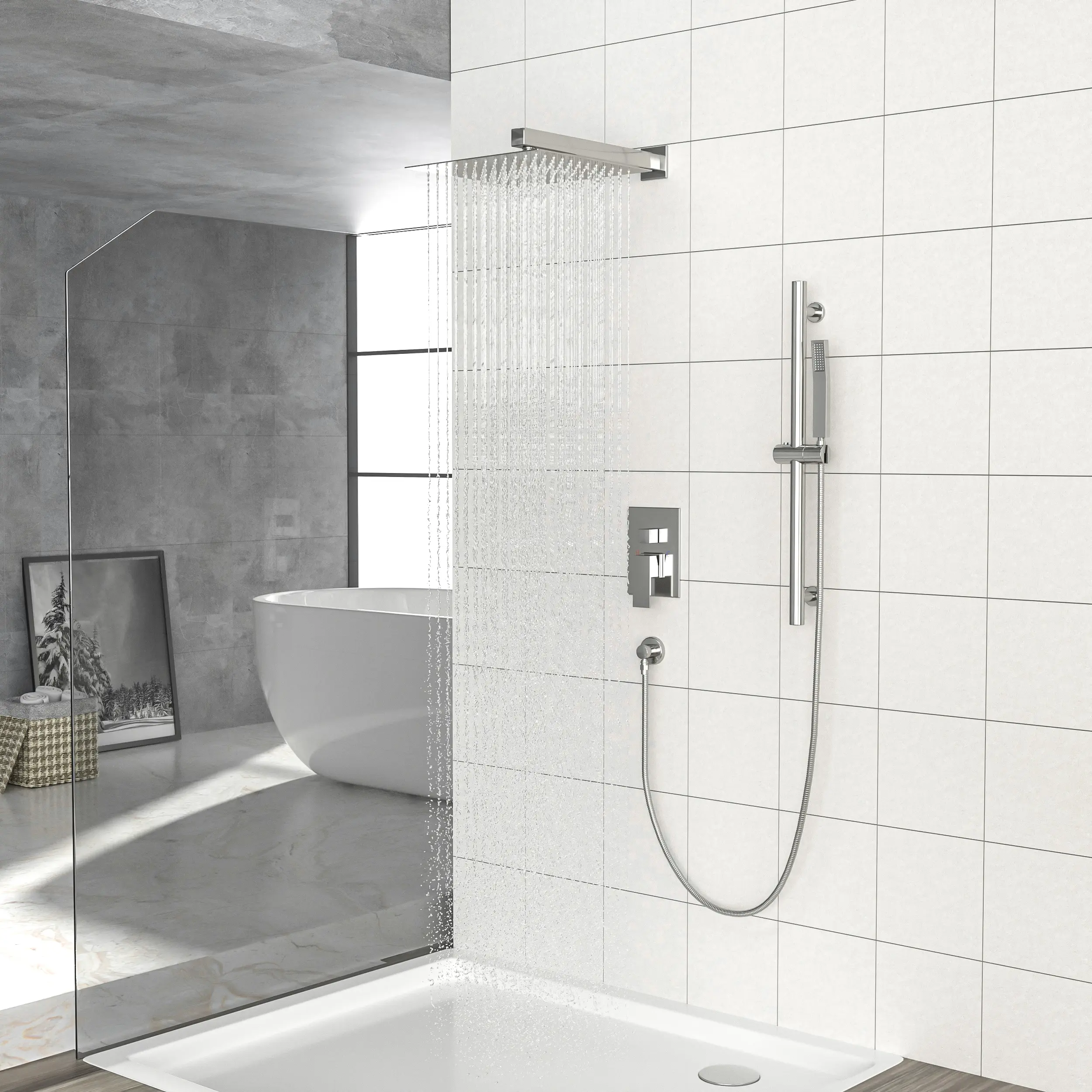 Brushed Nickel Wall Mount Shower System - 12" Square Stainless Steel Head, Square Handheld Head, Slide Bar, 1.8 Max GPM Scald Guard, US Threads Rough-In Valve, Square Head