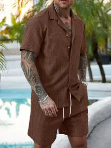 VENTUSAIL 2 Pcs/Set Men's Solid Color Button-Down Hollow Shirt And Shorts Set, Vacation Solid Color Husband Casual Wear, Suitable For Vacation, Seaside Beach, Daily Leisure,Summer Wear Men Brown Short Set Men Two Pieces Set Brown Silk Men Resort Wear Men