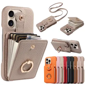Applicable to iPhone, lychee pattern phone case, accordion card holder, crossbody strap, anti-drop PU leather phone case
