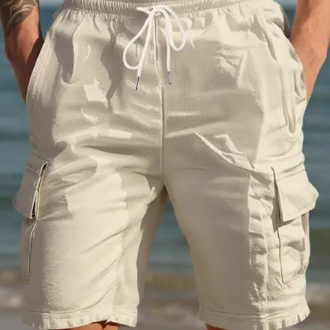 Men's loose stretch waistwork linen shorts, lightweight and breathable summer beach shorts, suitable for daily casual wear and vacationing, quick-drying elastic cargo shorts, Casual Street Shorts, Drawstring Waistband Shorts