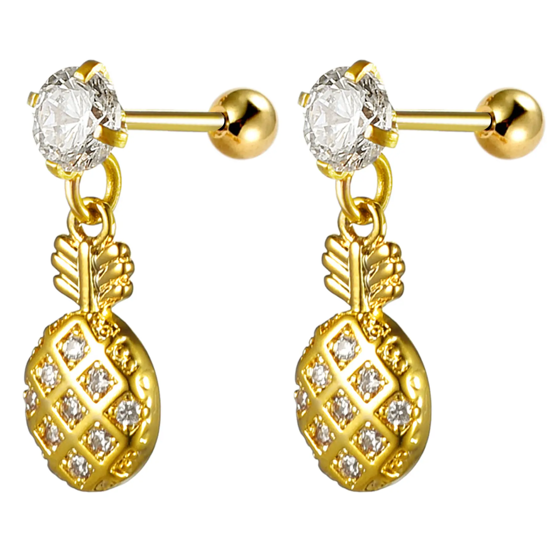 OIDEA Pineapple Stud Earrings for Women, Tropical Brass & Stainless Steel Alloy with CZ Accents, Petite 0.23" for Layering and Casual Wear