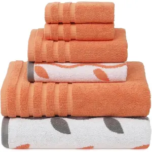 Modern Threads Organic Vines 6-Piece 100% Cotton Towel Set – Yarn Dyed Jacquard & Solid – Includes 2 Bath Towels, 2 Hand Towels, 2 Washcloths – Absorbent, Quick Dry, Soft & Durable – Orange