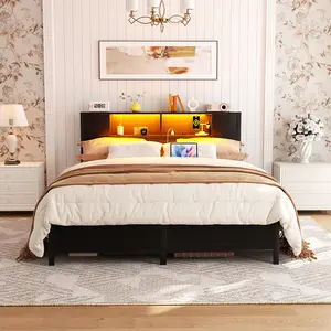 iSunirm Full Size Bed Frame with Storage Headboard and Charging Station -【Frame Only No Mattress】heavy duty metal platform Metal Bed with LED Lights, Easy Assembly