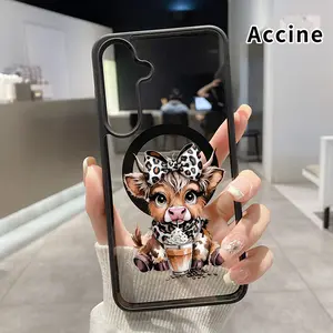 Magnetic Phone Case Supports Wireless Charging Compatible With Samsung Galaxy S23 Ultra S24 Plus FE S25 S22+ Cow Coffee Cutie Pattern Anti-Yellowing Shockproof durable ultra-thin Crystal Transparent Acrylic Cover