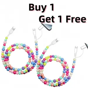 2-Pack Beaded Charging Cable Set - 3.3ft Fast Charging 66W Cord with Colorful Pearls, 4-in-1 USB to Type C/Micro/Lightning Adapters, Cute Durable Phone Charger for Kids Girls Teens Gifts