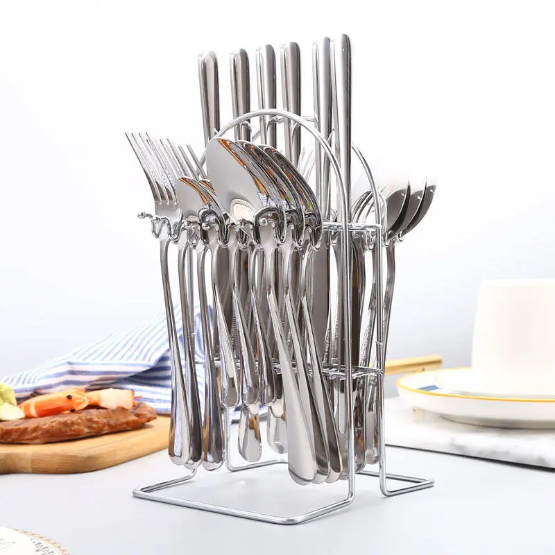 24-Pieces Mirror Polished Silverware Set with Hanging Rack – Stainless Steel Flatware Service for 6, Complete Cutlery Utensil Set with Forks, Knives & Spoons