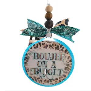 Bougee Car Freshie - Custom Made Beaded Design with "BOUJEE ON A BUDGET" Text, Featuring Leopard Print and Blue Accents, Lasts 2-12 Weeks