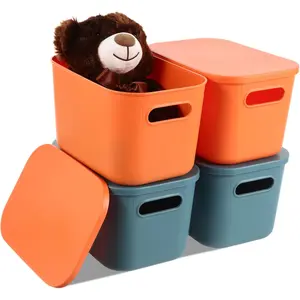 8 count Colorful Storage Bins with Lid, Plastic Storage Basket Organizing Container Stackable Box with Handle for Shelves Desktop Playroom Office(10.2 x 7 x 6.3 Inch,Blue and Orange)