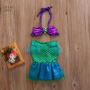 Baby Girls Two-piece Mermaid Swimsuit Hanging Neck Shell Pearl Halter Bikini Tops + Tulle Patchwork Mermaid Princess Baby Girls Mermaid Bikini Set Bow Swimwear Swimsuit Bathing