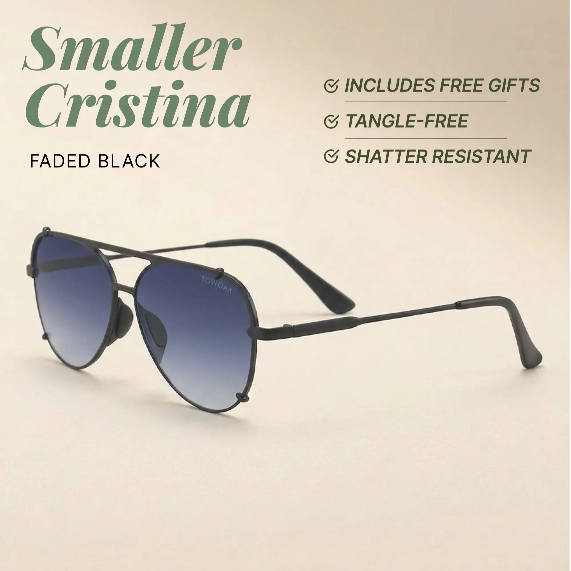 Smaller Cristina - Faded Black - Tangle Free Round Aviator Sunglasses - Certified Shatter-Resistant Lenses - UV400 - For Women & Men