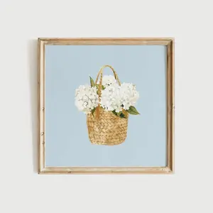 Coastal Hydrangea Basket Wall Art  Blue Minimal Floral Print, Beach House Decor | Frameless Poster M