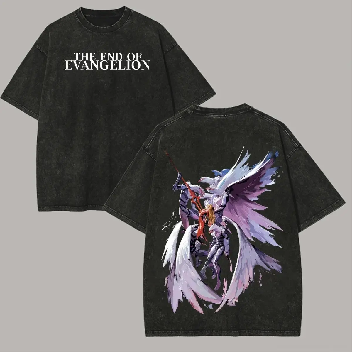 Men's Vintage Neon Genesis Evangelion Menswear Crew Neck Oversized Graphic T-Shirt - Washed Black Distressed, Anime Art Print of Asuka & Mass Production Evas, Retro Eva Vibe, Casual Japanese Manga Top for EVA Fans, Festive, Casual Fit, Washed Retro Look,,