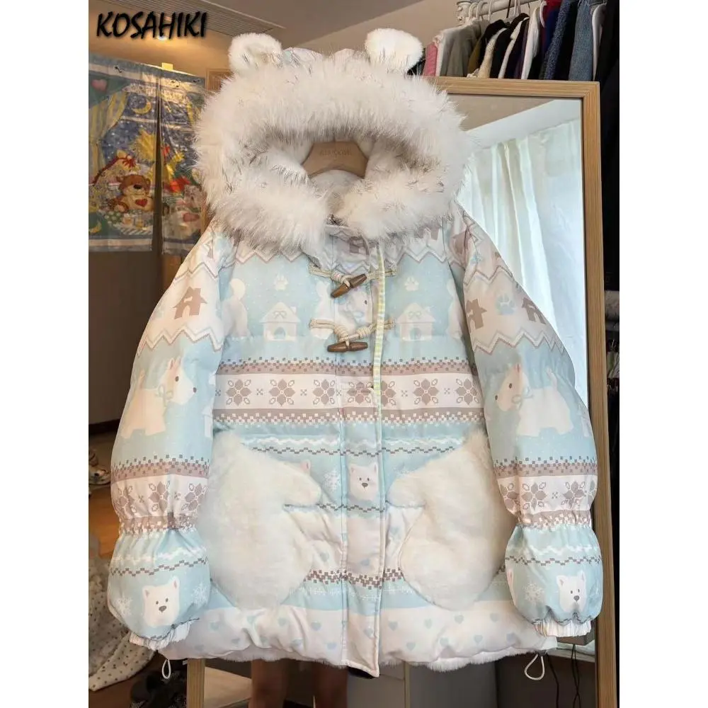 Winter Cartoon Printing Warm Women Parkas Harajuku Loose Casual Fur Patchwork Hooded Jacket Y2k Aesthetic Button Grunge Coat
