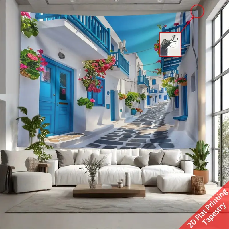 1pc Greek Santorini Street Scene Pattern Polyester Wall Tapestry, suitable for living room, bedroom and office. Free installation package included.