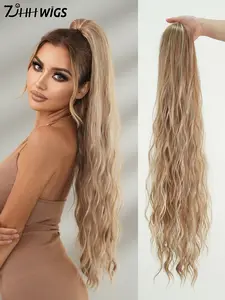 High-Quality 34 Inch Extra Long Wave Ponytail Extension, Soft Synthetic Fiber, Elastic Drawstring, Multi-Color Options, for Women Daily Party Use, Synthetic Wavy Hair, Synthetic Soft Hairpieces