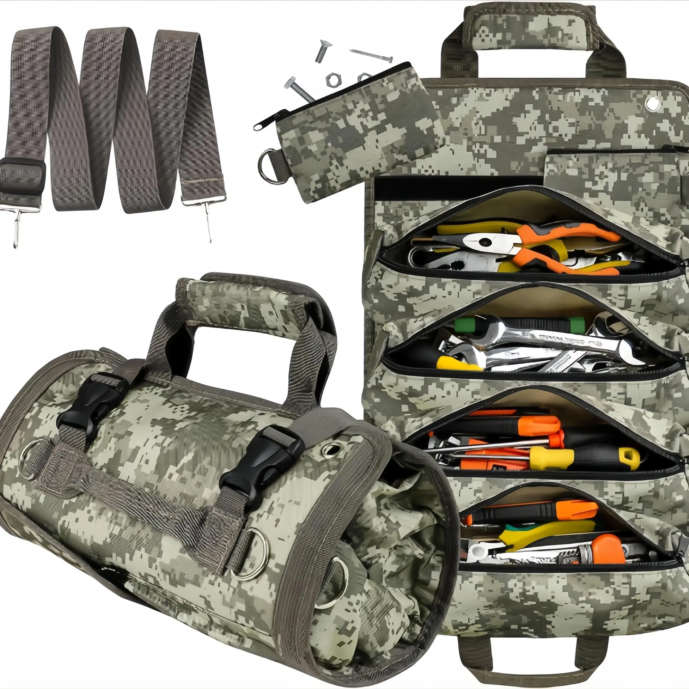 Roll Up Tool Bag, Portable Tool Organizer Bag with 2 Detachable Zipper Pouch, Compact Small Carrier Bag for Electrician Mechanic