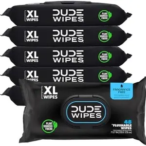 DUDE Wipes - Flushable Wipes - 6 Pack, 288 W Wipes - Unscented Extra-Large Adult Wet Wipes - Vitamin-E & Aloe for at-Home Use - Septic and Sewer Safe Toilet
