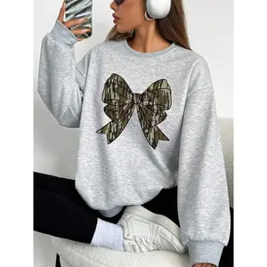 Women’s Fall/Winter Camouflage Bow Print Casual Loose Fit Crew Neck Pullover Sweater Top, Comfortable Thickened Kint Fabric, Perfect for Daily Wear