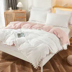 Pink Comforter Set King Pink Bedding Set for Girls Teen Adults Cute Pom Pom Fringed White and Pink 3 Pcs Reversible King Size Bedding Soft Comforter Sets(White&Pink,King)