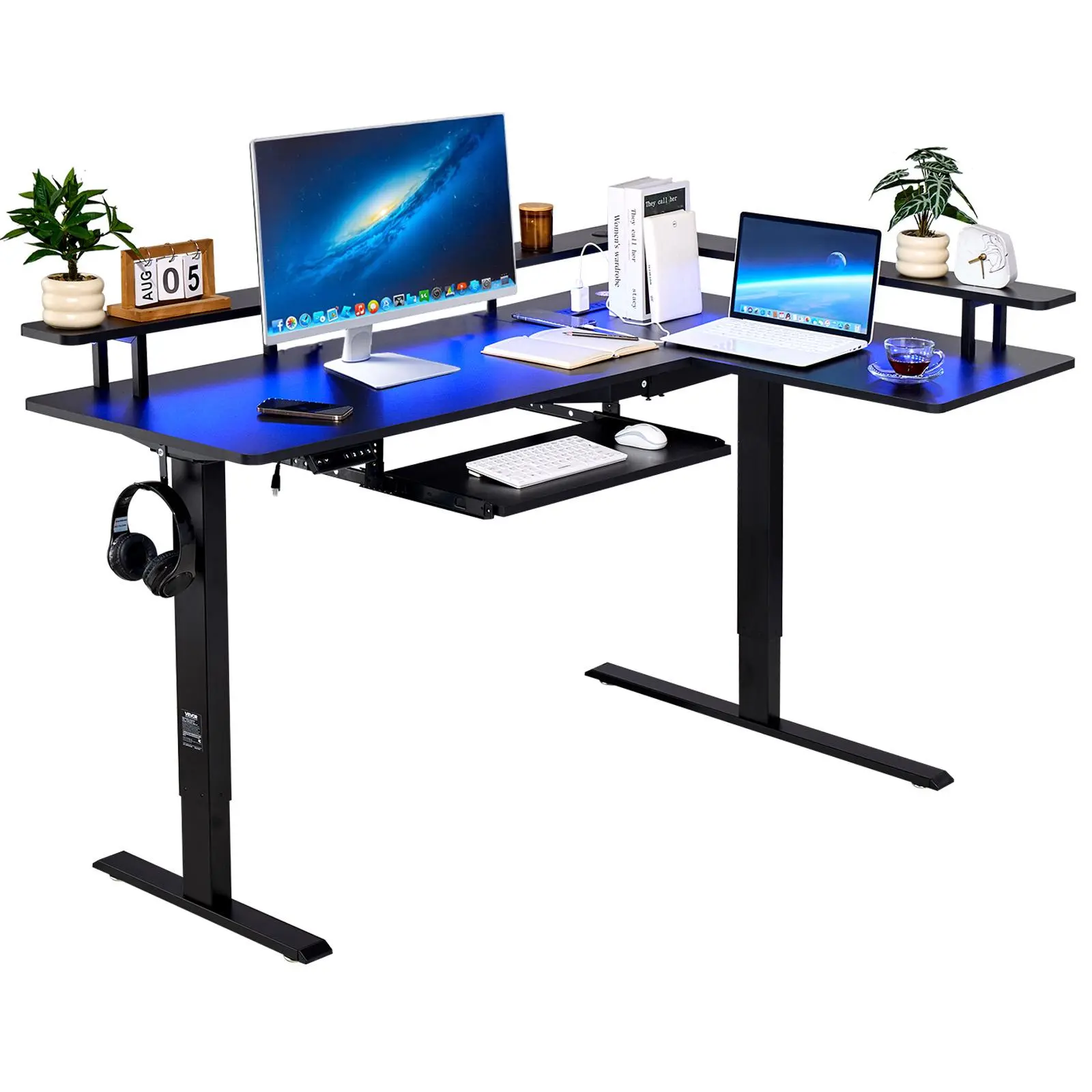 VEVOR Sturdy L-Shaped Corner Gaming Desk - Modern Electric Height-Adjustable Standing Desk, Thick Particleboard Top, Keyboard Tray, Dual Hooks, Light Strip, 2 USB Ports, 4 AC Outlets, 200 lbs Capacity, Easy Assembly, Black#BacktoSchool
