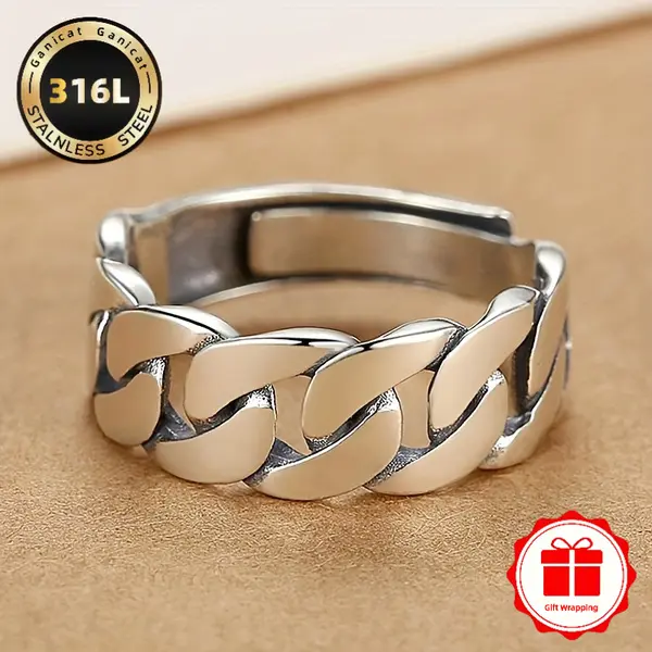 Men's 316L Stainless Steel Chain Link Male Ring - Durable, Stylish Everyday Wear Accessory with Plain Finish, Polished Shine