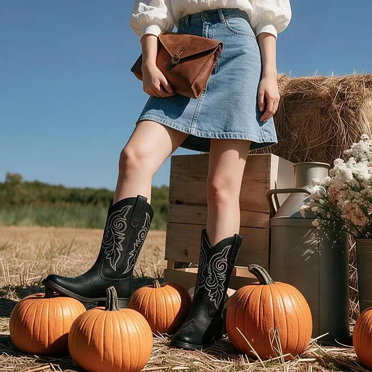 Women's Western Embroidered Cowboy Boots - Footwear with Mid-Calf Height, Square Toe, Faux Leather PU Upper, Block Heel, Cushioned Insole, Breathable, Casual Cowboy Aesthetic, All Seasons Jeans-to-Dress Fit for Rodeo, Daily Wear | New Arrivals