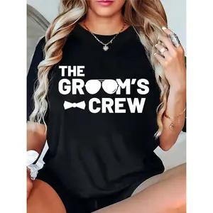 Women's The Groom's Crew T-Shirt with Sunglasses & Bow Tie Print, Ideal for Wedding Bachelor Party, Casual Bridal Party Attire for Bridesmaids & Wedding Crew 100% Cotton T-shirt
