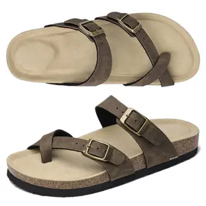 Women's Strappy Slip-On Slippers With Adjustable Buckle Cork Footbed Slides For Walking Beach Outdoor Sandals