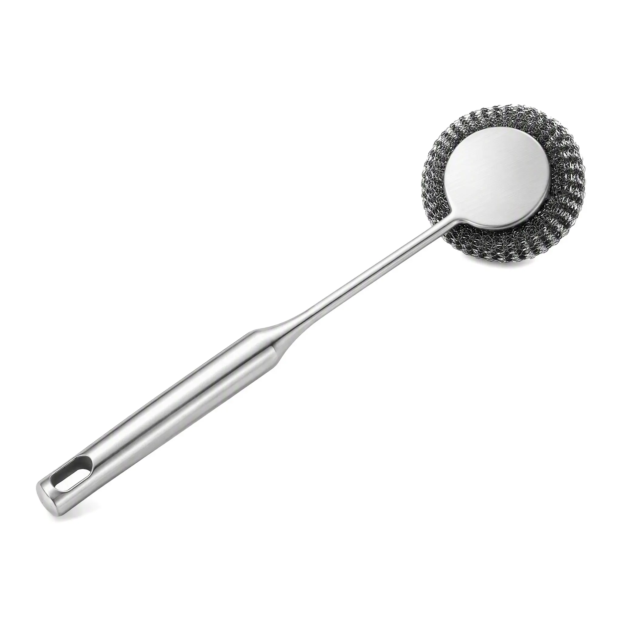 Upgraded Long Handle Stainless Steel Pot Scrubber Brush, Replaceable Steel Wire Scouring Ball Head, Rust Resistant Dish Washing Cleaner Tool for Removing Burnt Grease Stains on Pans Cookware Kitchen Daily Cleaning