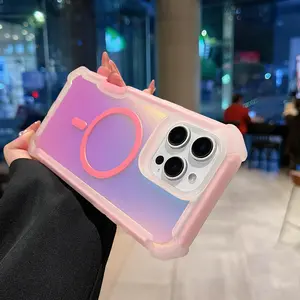 HISTORYOO 2 in 1 Fluorescent Iridescent Magnetic Case for iPhone 17 Pro Max Air 16 15 14 13 Pro Max double layer Color Changing Laser Gradient Dazzling Bumper Shockproof Cover PC Front Frame 4 Corner Full Coverage Anti-Drop for MagSafe Wireless Charger