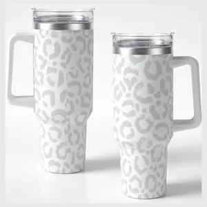 White Gray Leopard Print 40oz Insulated Tumbler with Handle & Straw Lid, Stainless Steel Double Wall Vacuum Travel Cup