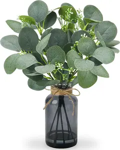 Der Rose 13.4" Artificial Eucalyptus Stems in Black Glass Vase with Faux Water Fake Plants Eucalyptus Leaves for Bathroom Bedroom Home Office Table Centerpiece Decor（Sage Green）