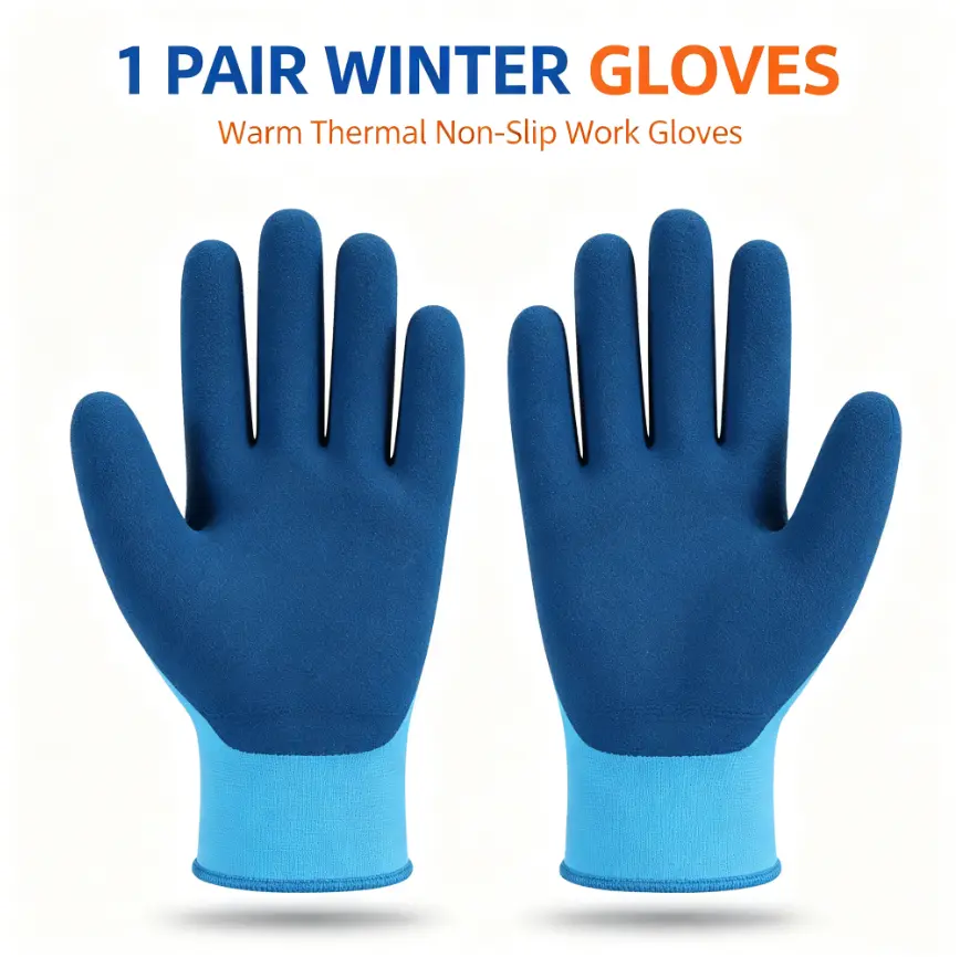 1 Pair Winter Thermal Work Gloves, Cold Resistant Insulated Safety Gloves, Salt Spraying Matte Non-Slip Latex Coated Gloves, Wear Resistant Windproof Work Gloves for Snow Shoveling, Construction, Gardening, Outdoor Cold Weather Work