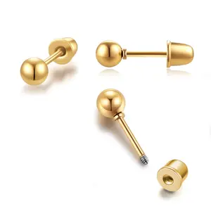 Flat Screw Back Ball Stud Earrings for Women,Small 4mm Ball Earrings with Secure Flatback for Cartilage Helix Tragus Lobe Piercing for Girls Toddlers Hypoallergenic(4mm Ball,14K Gold Color)