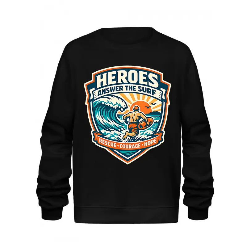 Menswear Oversized Fabric Apparel Crewneck Sweatshirt - Vintage Ocean Lifeguard Graphic T-Shirt, Unisex Long Sleeve Surf Rescue Hero Courage Hope Pullover