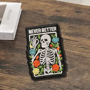 Never Better Skull Flower Embroidery Patch, Floral Embroidery Appliques, Embroidery Craft, Back Adhesive Iron-On, Suitable for Clothes Jackets Hats Accessories, Decorative Fabric Repair