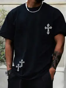 Men's Cross Print Round Neck Tee, Regular Fit Casual Short Sleeve Jersey Crew Neck T-shirt for Summer, Fashion Men's Top for Daily Wear