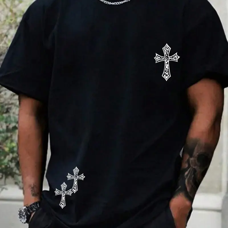 Men's Cross Print Round Neck Tee, Regular Fit Casual Short Sleeve Jersey Crew Neck T-shirt for Summer, Fashion Men's Top for Daily Wear, Casual Style Tee, Jersey T Shirts