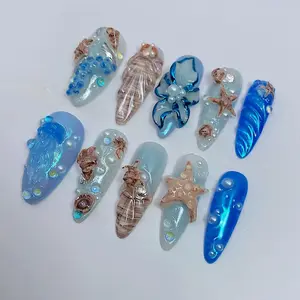 Ocean Pearl Seashell Press On Nails, 3D Mermaidcore Nail Art