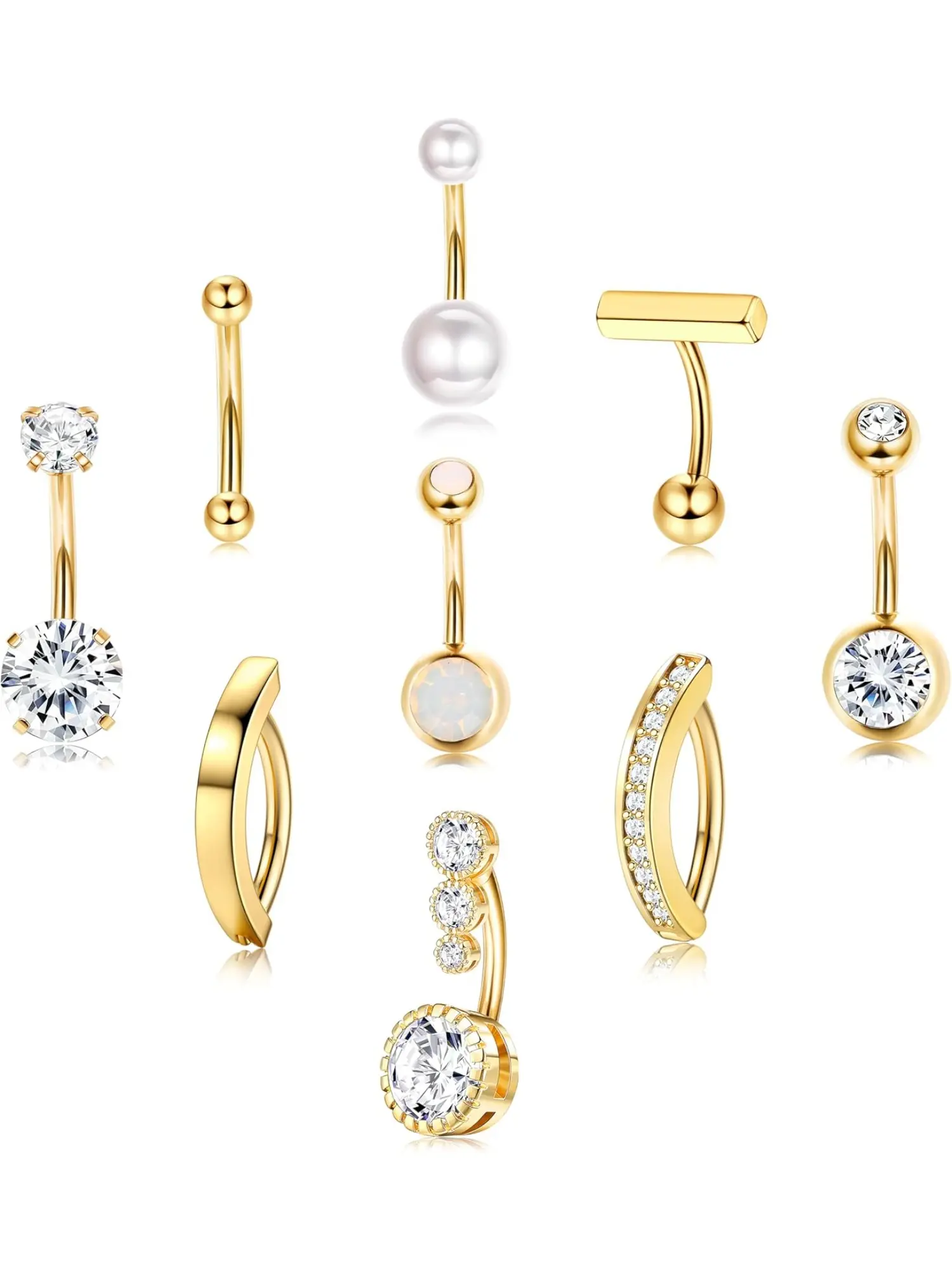 9 Pcs Golden Silvery Belly Button Rings Pack Surgical Stainless Steel Shiny CZ, Cubic Zirconia, Body Jewelry, Body Jewellery, Navel Piercing Jewelry, Lasting Durability Timeless Minimalist Unisex Accessories for Daily Life Travel Leisure Occasions