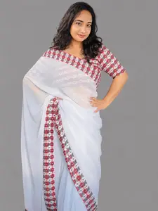 Dhaka Border Saree Set - Pure Cotton, White with Dhaka Border, Includes Saree, Stitched Blouse, and Stitched Petticoat, Ideal for Festivities and Daily Wear - Womenswear, Clothes