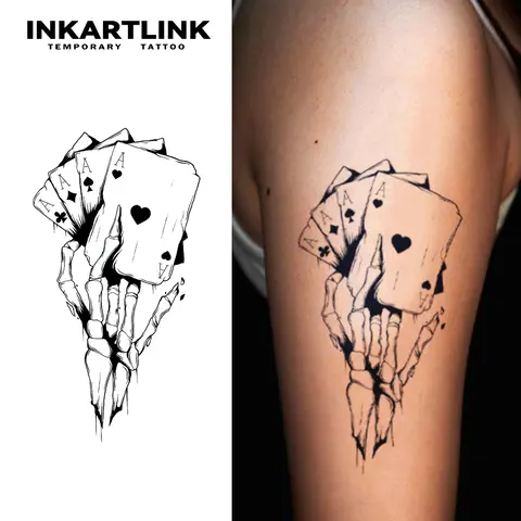 INKARTLINK Large Body-Safe Fake Tattoos - 2-Sheet Skeleton Poker Design, 1-2 Weeks Long Lasting, Waterproof, Realistic Look, No Adhesive, No Reflection, Single Item, Suitable for All Skin Types