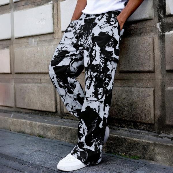Artistic ink printing casual pants men's loose hanging high street pants black and white graffiti trend straight pants