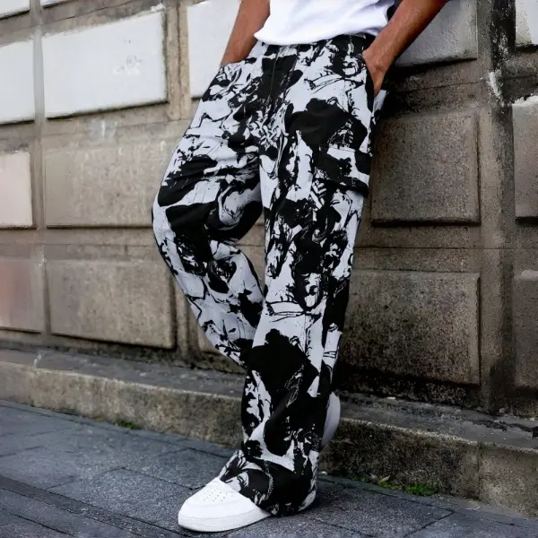 Artistic ink printing casual pants men's loose hanging high street pants black and white graffiti trend straight pants