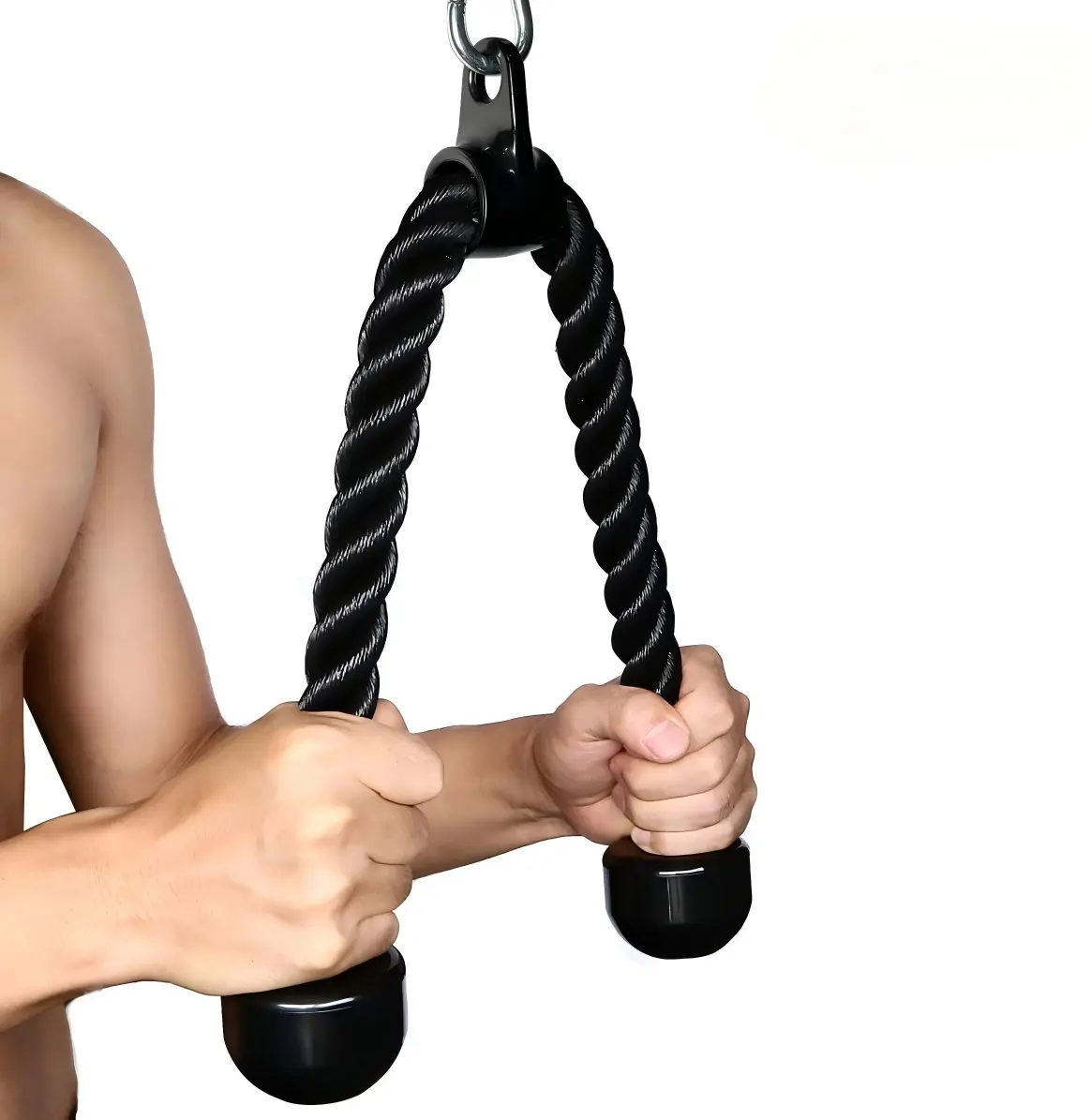 Tricep Rope Pull Down Cable, Twisted Rope with Silver Connector and Black Caps for Secure Attachment,Fitness Attachment Cable Machine Pulldown Heavy Duty Coated Nylon Rope with Solid Rubber Ends