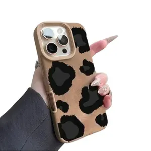 Cow Leopard Luxury Matte Lambskin Faux Leather Pattern Phone Case for IPhone17 16 15 14 Pro Max 13 12 11 XR XS Plus Shockproof Full Camera Protection Durable Slim Silicone Cover Smartphone Cellphone