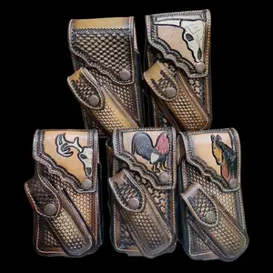 Western Genuine Leather Phone Belt Holster and Knife Holder Hand Tooled Magnetic Handmade in Mexico Craftsmanship Leatherphone horse  . rooster,  longhorn,  deer,  basketweave