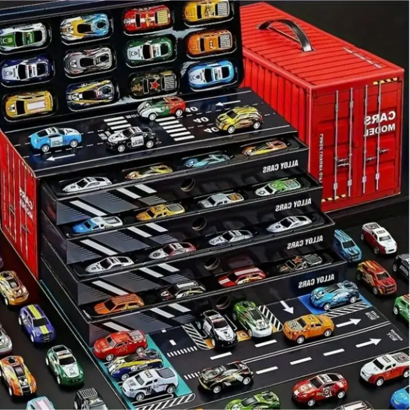 48-Piece Detailed Metal Race Car & Truck Set - Inertia Push-Run, Build & Race Play, Interactive Accessories, Map & Track Included, 3-4 Years Unisex Multi-Color Learning Toy, Gift Box Packaging for Birthday Holiday Stress Relief Educational Toy