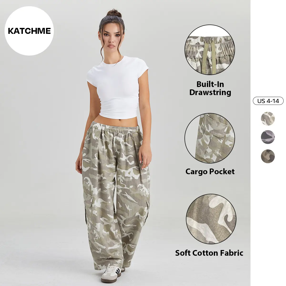 Katch Me Chic Women's Street Camouflage Elastic Waist Wide Leg Cargo Pants, Versatile Built-In Drawstring Cargo Pocket Cotton Trousers, Vintage Women's Bottom