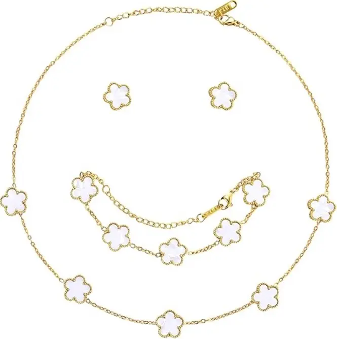 Lucky Clover Jewelry Set - 18K Gold Plated Flower Design Five Leaf Bracelet, Necklace Pendant, Earrings for Women - Lucky Gifts for Mom, Wife, Daughter, Friends